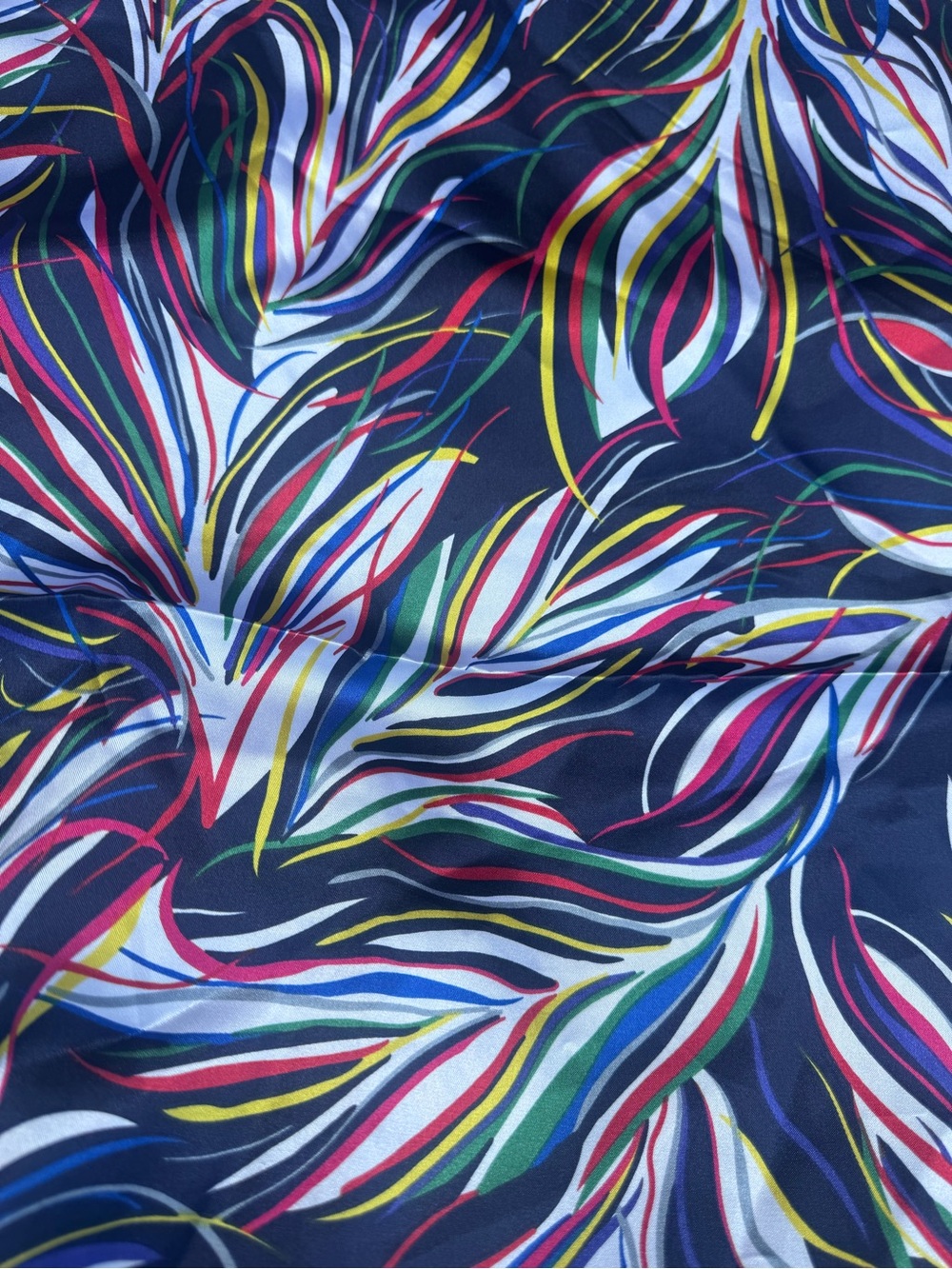 Vintage Navy Multicolor Feather-Print poly satin charmeuse fabric 4 yards NEW